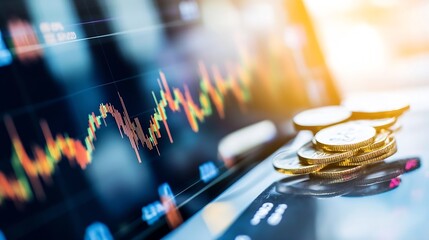 Aufkleber - Closeup view of financial trading screen with coins representing investment and market analysis concepts : Generative AI