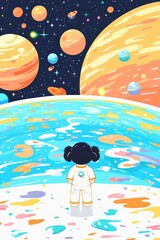 Wall Mural - child astronaut gazing at colorful planets in space