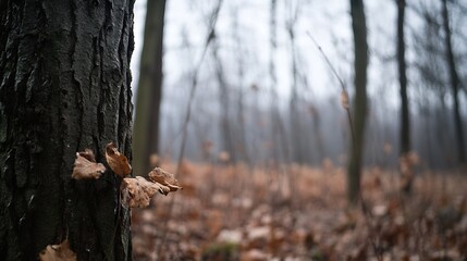 Leinwandbilder - Mystical Forest Scene with Tall Trees and Fallen Leaves in a Foggy Environment : Generative AI