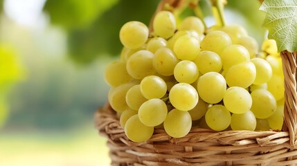Poster - Freshly Harvested Green Grapes in a Natural Woven Basket Against a Soft Outdoor Background : Generative AI