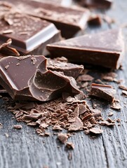 Aufkleber - Chunks of rich dark chocolate broken apart on a rustic wooden table highlighting its luscious texture : Generative AI