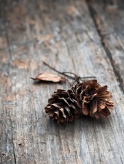 Leinwandbilder - Natural pine cones resting on rustic weathered wooden background adding texture and warmth : Generative AI