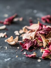 Poster - Dried rose petals scattered on a dark textured background creating an elegant natural composition : Generative AI