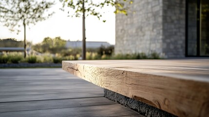 Aufkleber - Close Up View of Sleek Wooden Surface Near Modern Building Surrounded by Nature : Generative AI