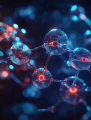 Fototapete - Dynamic visualization of gas molecules exhibiting motion and interaction through glowing atomic structures. Generative AI