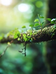 Poster - Closeup of fresh green leaves climbing a mosscovered branch in a lush forest environment : Generative AI