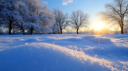 Poster - Magical winter landscape featuring sparkling snow shimmering trees and a stunning sunrise backdrop : Generative AI
