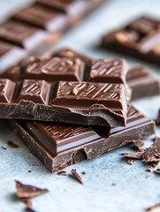 Poster - Delicious dark chocolate bars stacked on a light blue surface with crumbs and textures : Generative AI
