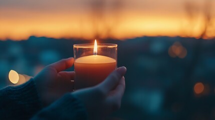 Poster - Warm glowing candle held in hands with soft focus showcasing a beautiful sunset ambiance in the background : Generative AI