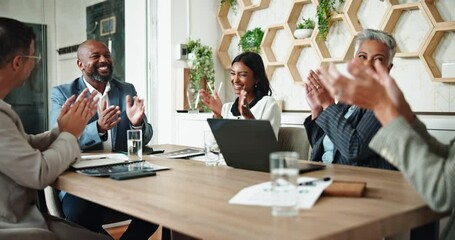 Aufkleber - Business people, applause and celebration with laptop, deal and audit meeting for b2b portfolio. Financial advisor, accountant or agent with success for consultation advice or proposal review