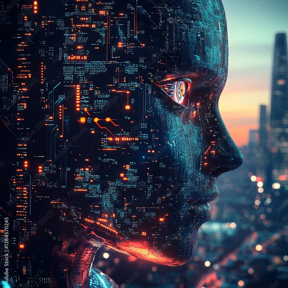 uturistic digital artwork of a woman's face merging with a cybernetic ...