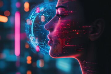 Leinwandbilder - Exploring the fusion of humanity and technology in a futuristic cybernetic head profile. Generative AI