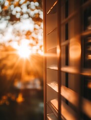 Leinwandbilder - Captivating Sunset Glowing Through Window Blinds Creating a Warm Atmosphere : Generative AI