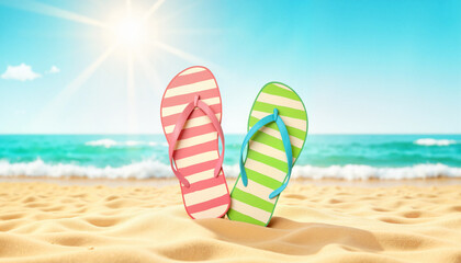 Colorful flip-flops on sandy beach under sunny sky, summer fun