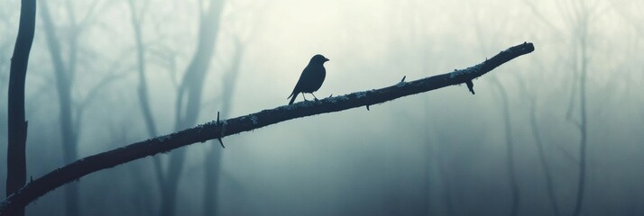 Aufkleber - Lonely bird perched on a bare branch in a misty forest during early morning light. Generative AI