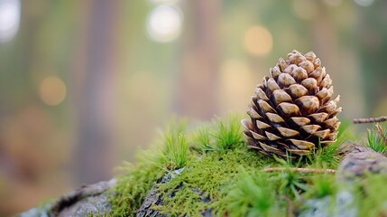 Leinwandbilder - Closeup of a pine cone resting on moss with blurred forest background : Generative AI