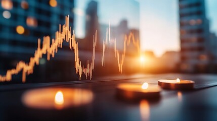 Aufkleber - Abstract financial graph displayed on a glass screen with candles creating a warm atmosphere at sunset : Generative AI