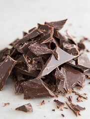 Poster - Close up of dark chocolate shards scattered on a light surface ready for delicious recipes : Generative AI