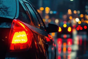 Poster - Rain soaked city street illuminated by car lights at night with reflections on wet pavement during rainy weather. Generative AI