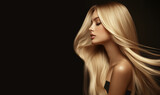 Beautiful blonde model woman with shiny and straight long hair. Keratin straightening. Treatment, care and spa procedures. hair coloring in ultra blond. Beauty girl smooth hairstyle