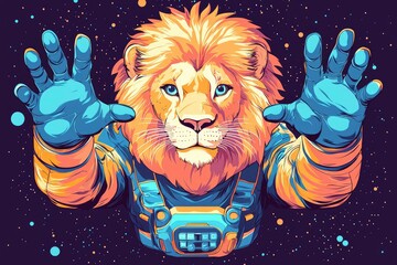 Wall Mural - majestic lion astronaut reaching out in space - vibrant vector art