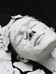 Poster - Artistic expression featuring a sculpted face covered in cracked white clay revealing intricate textures : Generative AI