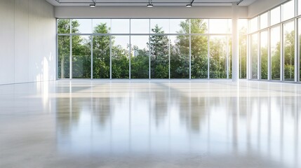 Canvas Print - Bright and spacious modern interior with large windows bringing in natural light and showcasing greenery outside : Generative AI