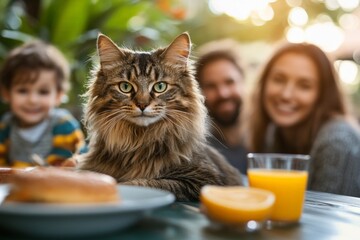 Family enjoying breakfast outdoors with a cat, sunny day in the garden, laughter and warmth fill the atmosphere