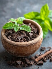 Aufkleber - Delicious dark chocolate chunks combined with fresh mint leaves in an earthy pottery bowl on a rustic table : Generative AI