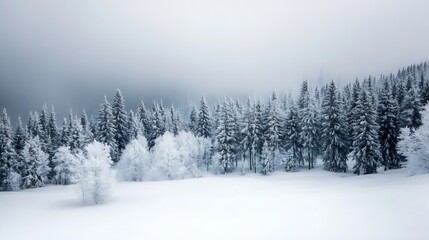 Aufkleber - Serene winter landscape of snowcovered trees in a foggy forest creating a tranquil atmosphere : Generative AI