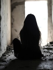 Aufkleber - A shadowy silhouette of a seated woman with long hair against a bright doorway suggesting mystery and solitude : Generative AI