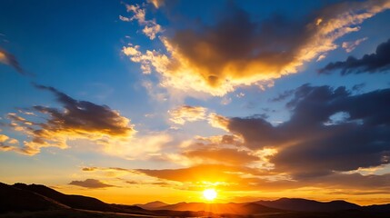 Aufkleber - Colorful sunset casting dramatic clouds and a warm glow over a serene landscape with distant mountains and hills : Generative AI
