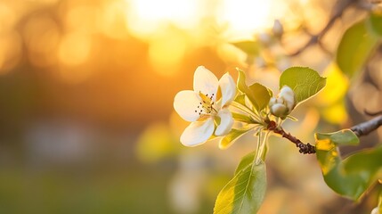 Wall Mural - A Beautiful CloseUp of a White Flower Blooming in Soft Golden Light at Sunset : Generative AI