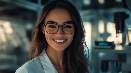 Poster - Young scientist smiling confidently while wearing glasses and lab coat, standing in research laboratory with professional demeanor