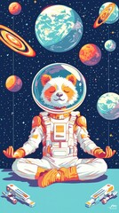 Wall Mural - serene panda astronaut meditating in space amongst planets