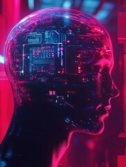 Leinwandbilder - Futuristic profile of a human head showcasing robotic eye and intricate cybernetic implants with glowing features. Generative AI