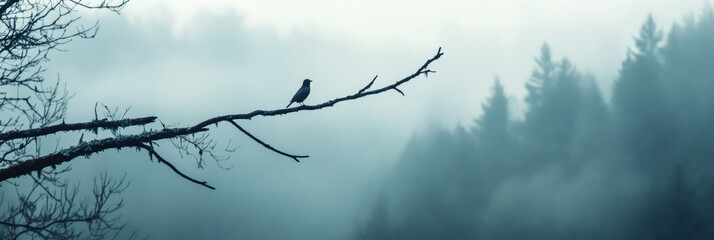 Fototapete - Lonely bird resting on a dead tree branch in a misty forest at dawn capturing a moment of solitude and tranquility. Generative AI
