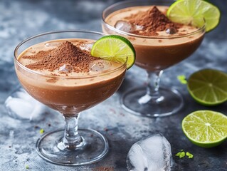 Wall Mural - Chocolate liqueur served over ice with a lime wedge and cinnamon powder sprinkled on top. Two elegant glasses of this refreshing dessert cocktail.