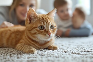 Wall Mural - playful ginger cat resting on soft carpet while children play nearby in cozy home setting