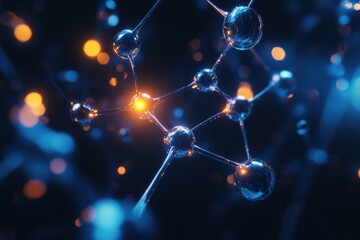 Fototapete - Glowing atomic structures illustrating gas molecules in dynamic motion amidst vibrant colors in a scientific visualization. Generative AI