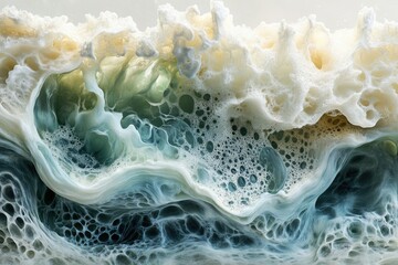 Wall Mural - Abstract image of swirling, bubbly foam resembling a seascape with teal and beige hues.