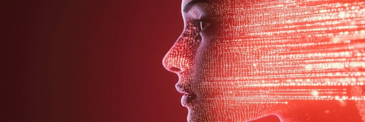 Fototapete - Human face dissolving into binary code showcases a futuristic AI concept of identity transformation. Generative AI