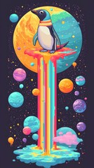 Wall Mural - psychedelic penguin in space cosmic rainbow adventure
