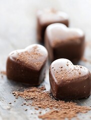 Poster - Delicious heart shaped chocolates sprinkled with cocoa powder on a rustic wooden surface : Generative AI