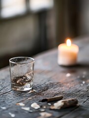 Poster - Vintage Glass with Candle and Shavings on Rustic Wooden Table : Generative AI