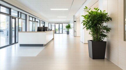 Poster - Modern Office Reception Area with Large Windows and Indoor Plants in Bright Ambience : Generative AI