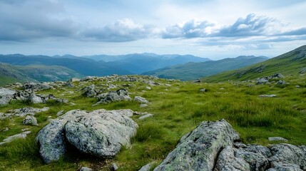 Wall Mural - Majestic Rocky Landscape with Green Grass and Rolling Hills Under Cloudy Sky : Generative AI