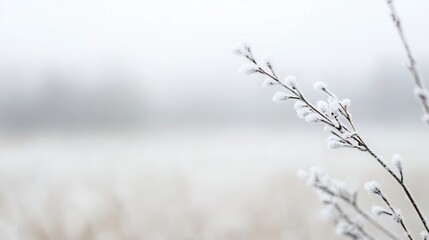 Poster - Delicate Frost Covered Branches Shining Under Soft Winter Light in a Serene Frozen Landscape : Generative AI