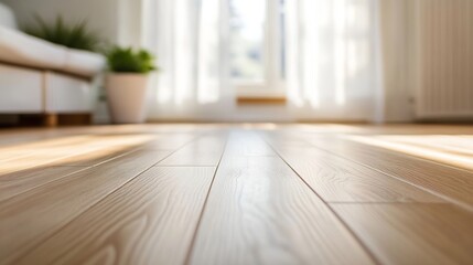 Fototapete - Bright and airy interior showcasing polished wooden floor illuminated by natural light streaming through windows : Generative AI