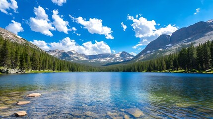 Wall Mural - Breathtaking view of a tranquil lake surrounded by mountains and forests reflecting the beauty of nature : Generative AI